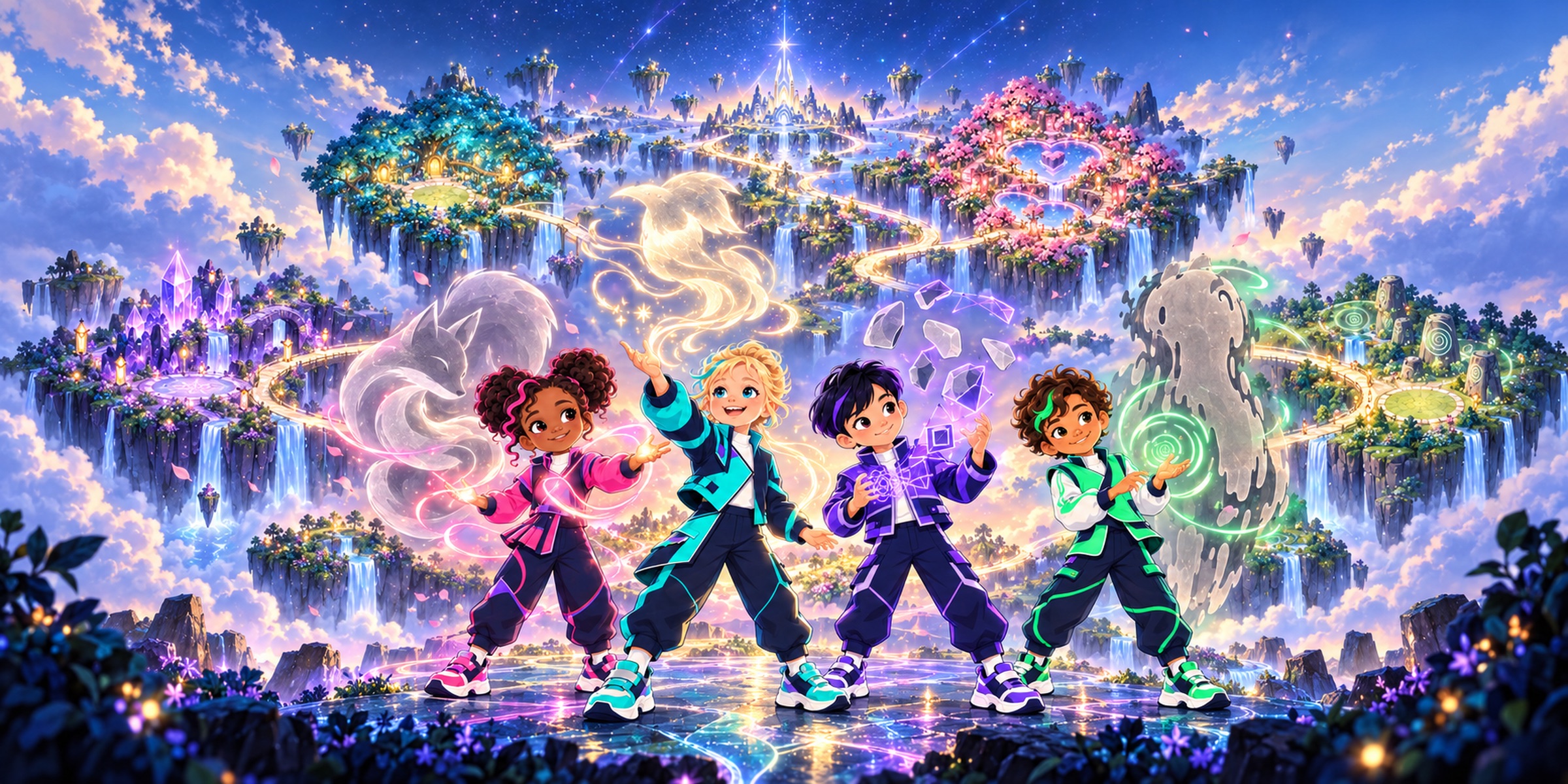 Noli, Amara, Milo and Theo with their spirit friends above the four lands of Glimmer Hunters